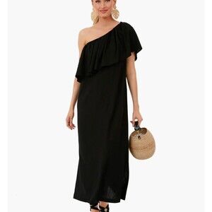 Pomander Place Florencia Dress Off the Shoulder Black Slit Resort Vacay - Medium